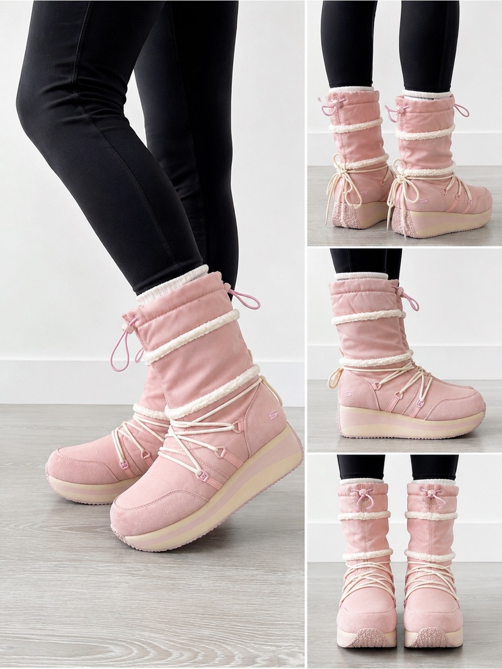Cozy Skechers Pink Winter Boots Faux Fur Trim Size 7 - Picture 2 of 4